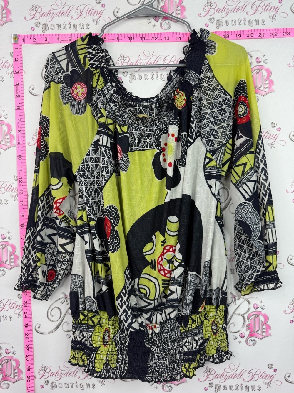 Boho Smocked Lime Green & Black Patterned Tunic